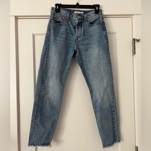 Levi’s wedgie size 26. Frayed at ankles. Worn once and washed once. Blue wash